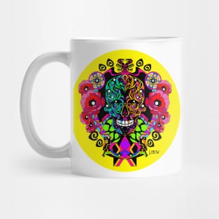 yellow skull in tree of life ecopop in zentangle totonac pattern art Mug